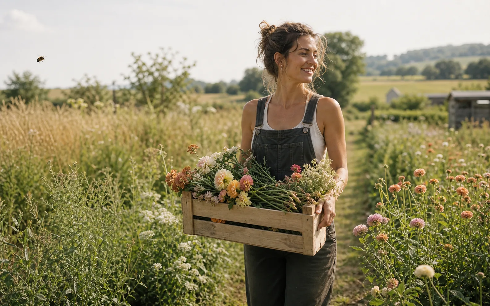 Eine Gärtnerin trägt frisch geerntete Blumen durch ein sonniges Feld.