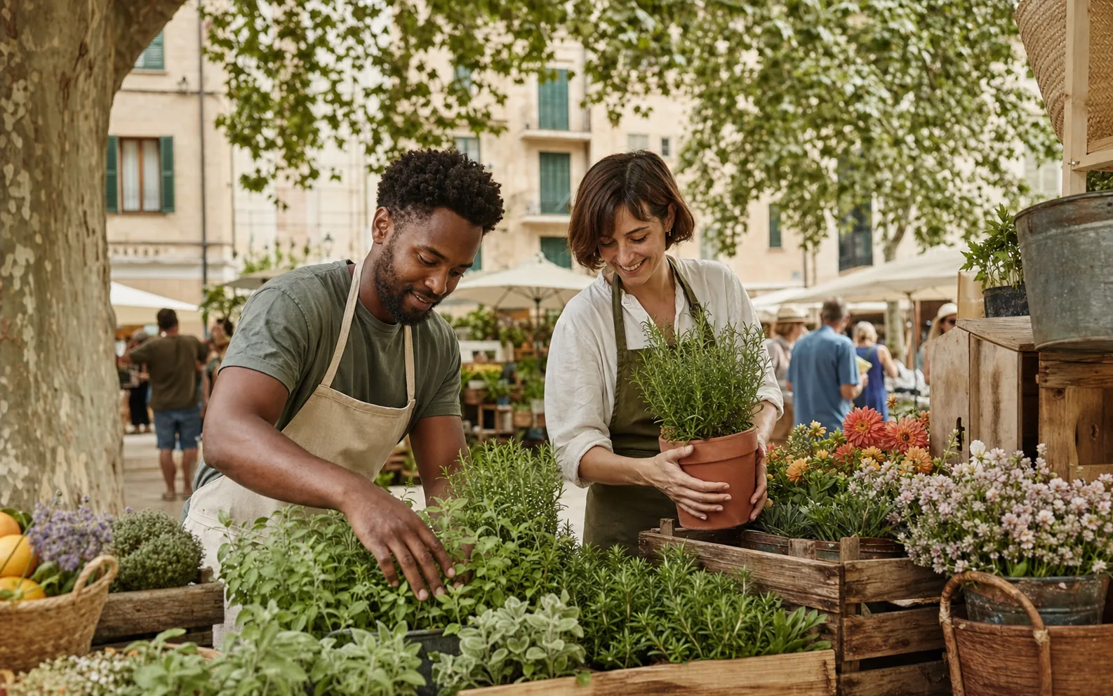 Zwei Selbstständige arrangieren gemeinsam Pflanzen auf einem Wochenmarkt.