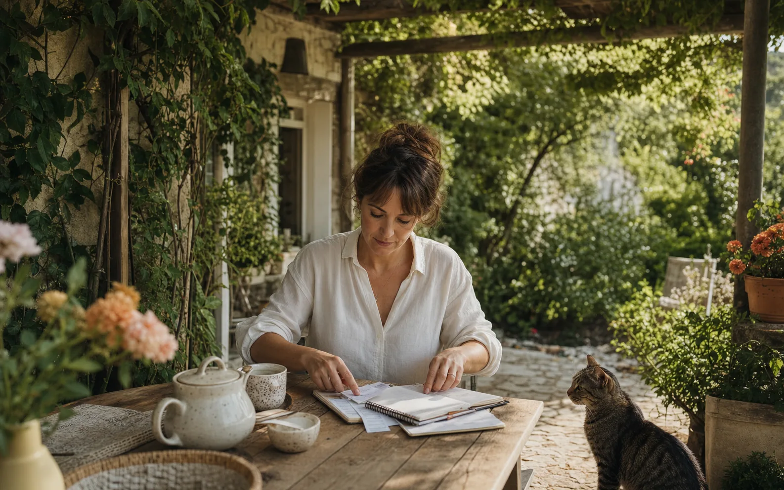 Eine Frau ordnet Unterlagen an einem Gartentisch, während ihre Katze zusieht.