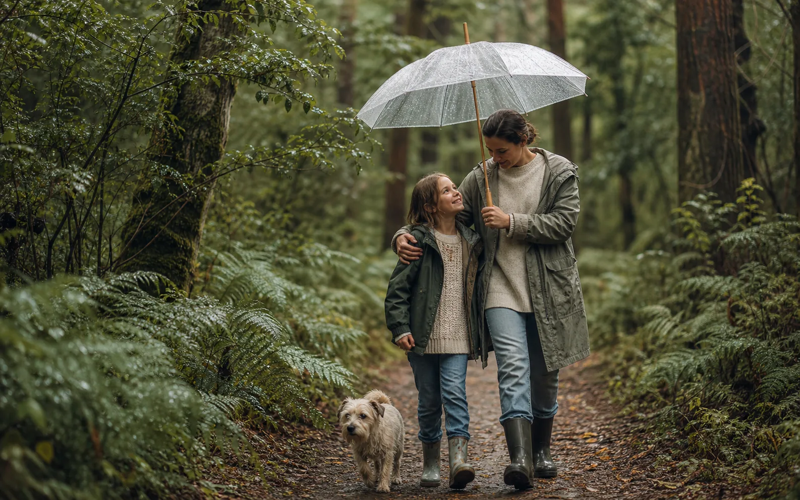 Mutter und Tochter spazieren mit ihrem Hund geschützt durch einen regnerischen Wald.