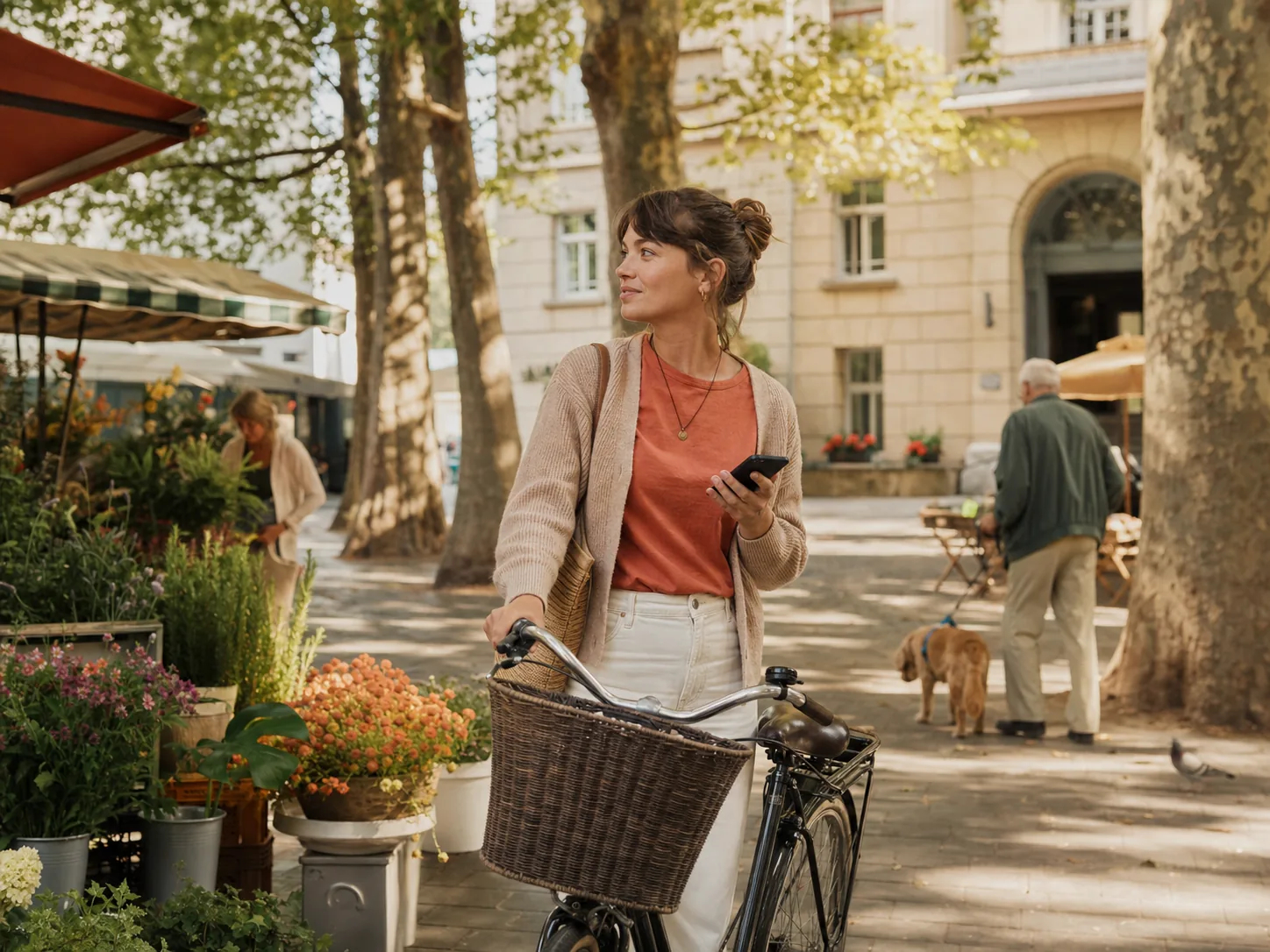 Junge Frau mit Fahrrad auf einem begrünten deutschen Marktplatz