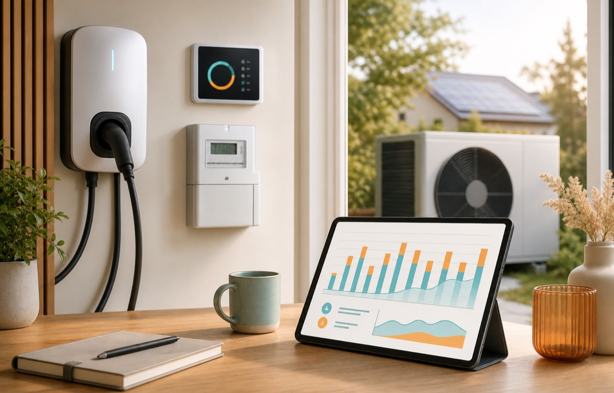 Wallbox, Wärmepumpe und Tablet mit Netzentgelt-Auswertung