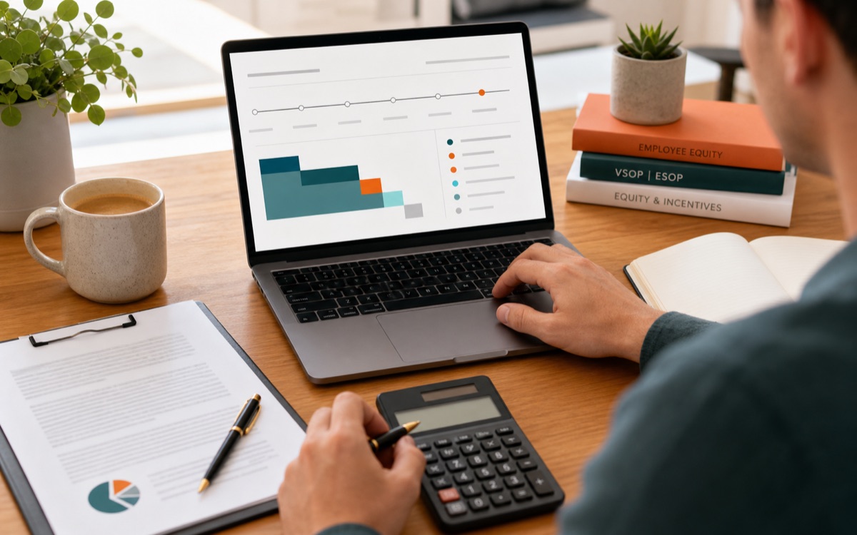 Startup-Mitarbeiter berechnet VSOP und ESOP Payout am Laptop